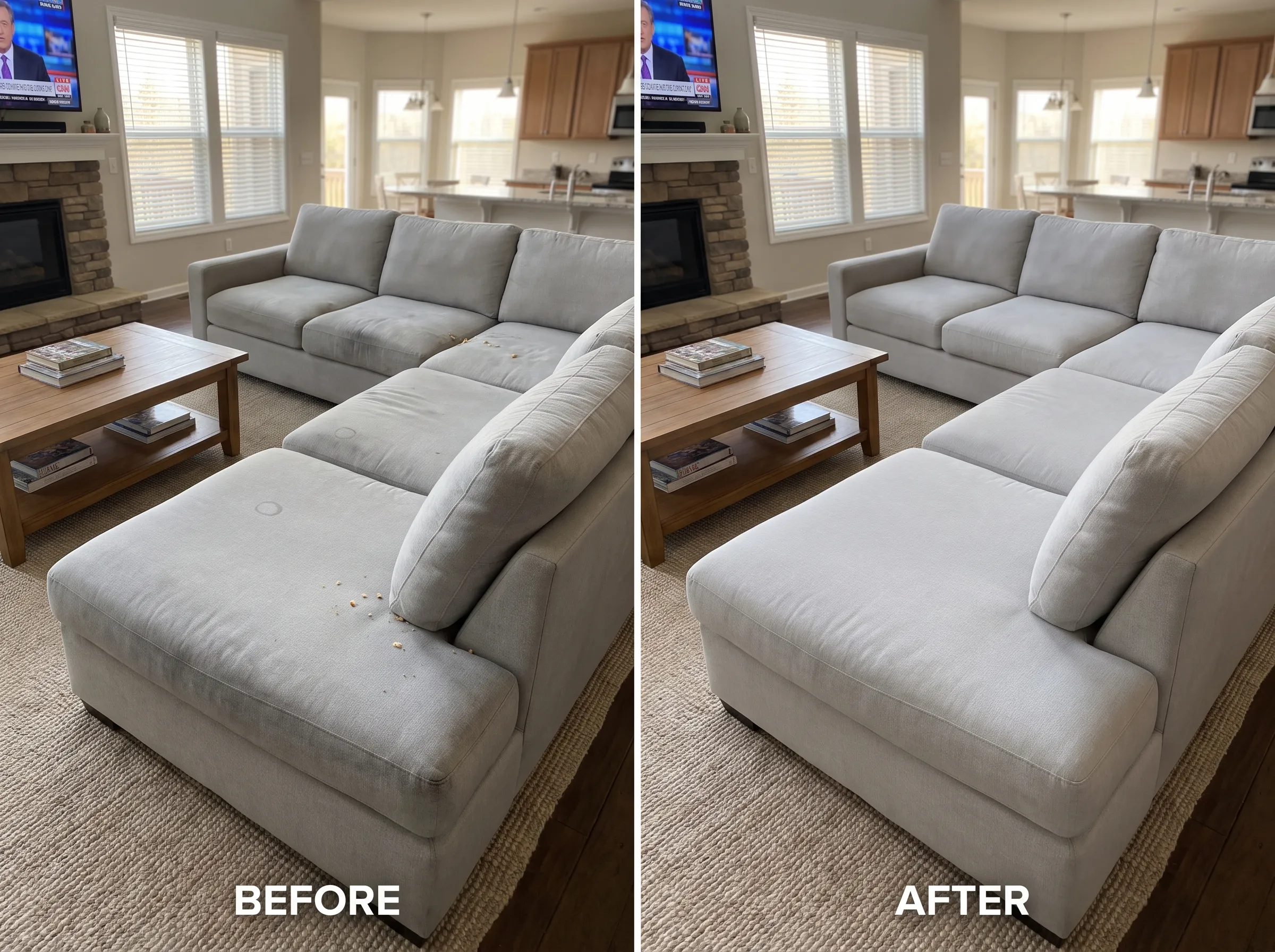 Real upholstery cleaning result, before and after