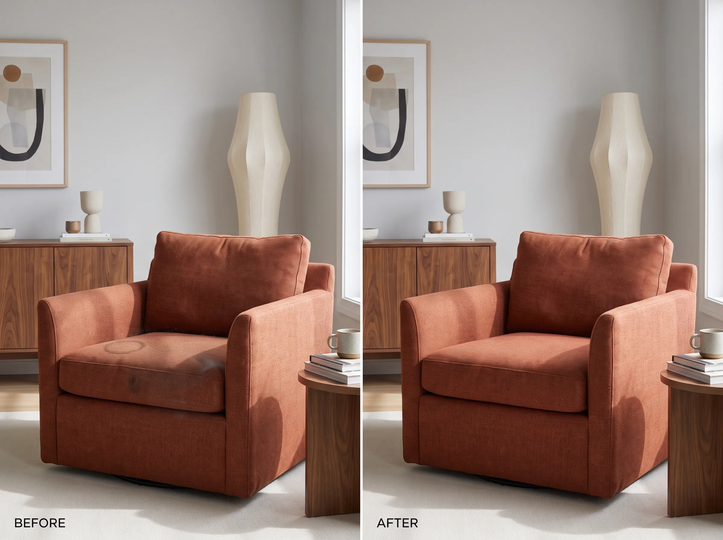 Real upholstery cleaning result, before and after