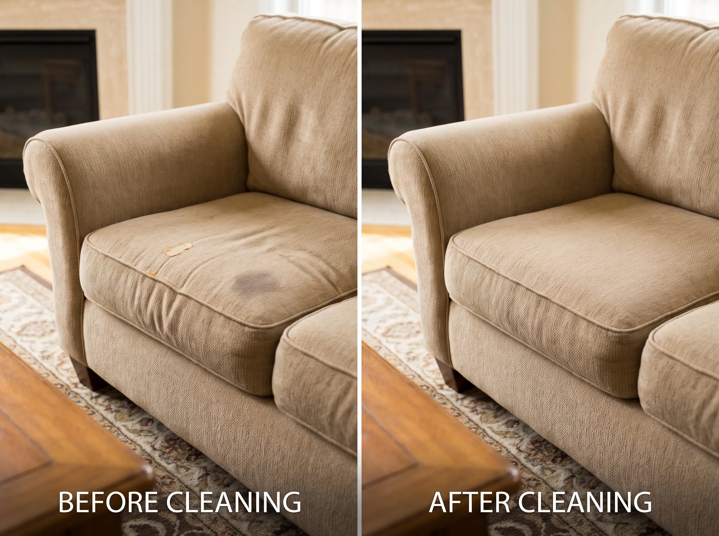 Real upholstery cleaning result, before and after